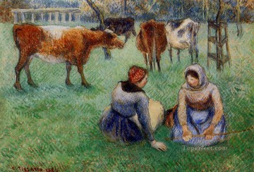 牛を眺める座っている農民たち 1886年 カミーユ・ピサロ Oil Paintings